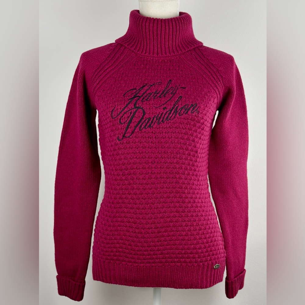 Harley-Davidson Turtleneck Sweater Medium M Magenta Pink Embroidered Script Logo